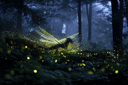 Fantasy dragon with glowing wings and fireflies in a mystical forest at dusk, atmospheric scene