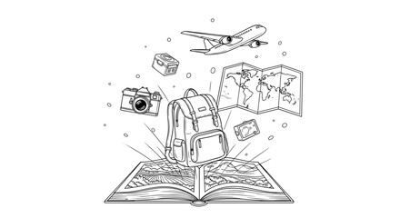 Travel journal with a backpack, camera, map, and airplane, black and white illustration, copy space