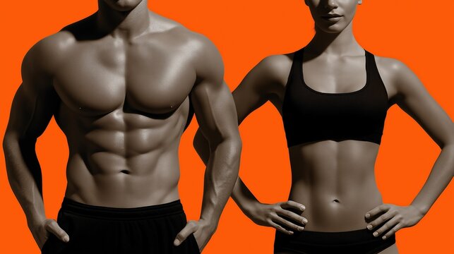 Athletic young adults display fitness with toned muscular bodies against orange background - Powered by Adobe