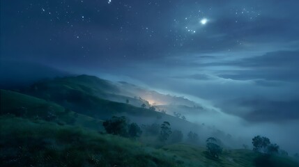 Fototapeta premium Night descends on hills, mist rolls in, stars shine. Serene landscape for web design, marketing, editorial.