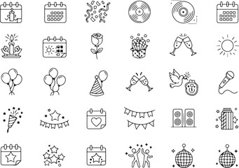 Celebration and Party Icons Pack, Festive Event and Entertainment Vector Set, Calendar, Candle, Balloon, Gift, Disco Ball, Wine Glass, Microphone, Banner, Confetti