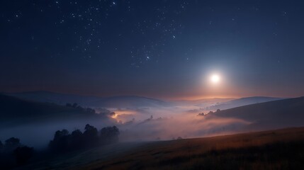 Naklejka premium Landscape glows with moonlight in hazy valley. Scenery evokes mystery. Ideal for fantasy marketing, web design, and editorial projects.