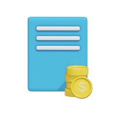 Document sheet with coin stack. Financial report, accounting, income and tax concept. 3d icon. Cartoon minimal style.