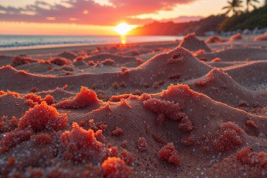 Textured Beach Sand Under Reddish Golden Sunset for Ultimate Summer Relaxation