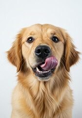 Portrait of golden retriever licking its nose with a funny expression