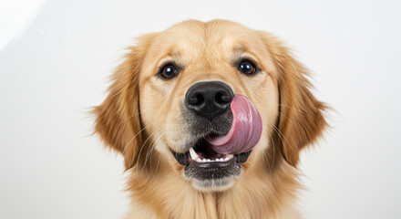 Portrait of golden retriever licking its nose with a funny expression