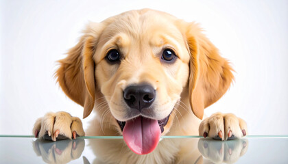 Excited Labrador puppy looking through a window and pressing its paws on the glass.