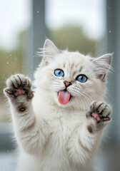 Cute kitten licking a glass surface with its tiny pink tongue visible.