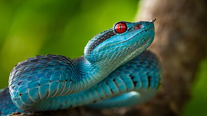 Close up portrait of blue viper snake with red eyes wildlife nature photography reptile