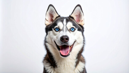 Expressive portrait of an adult Siberian Husky dog with a happy smile on a white studio background.