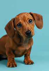 Adorable portrait of a curious Dachshund puppy tilting its head on a pastel blue background.
