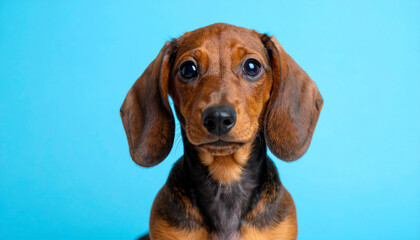 Adorable portrait of a curious Dachshund puppy tilting its head on a pastel blue background.