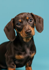 Adorable portrait of a curious Dachshund puppy tilting its head on a pastel blue background.