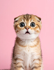 Charming portrait of a Scottish Fold kitten with a surprised expression on a pastel pink background.