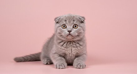 Charming portrait of a Scottish Fold kitten with a surprised expression on a pastel pink background.