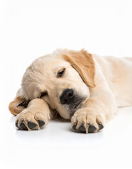 Adorable Golden Retriever puppy lying down with a sleepy expression on a clean white background.