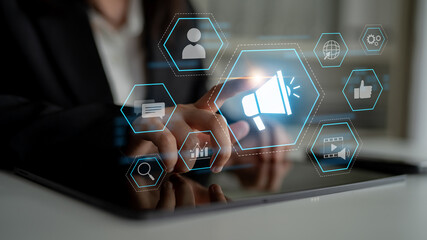 Digital marketing promotion strategy using megaphone, social media marketing, digital ads video...