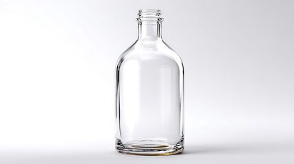 Empty glass bottle stands on white. Represents clean, minimalist design, emptiness, potential. Useful for product mockups, design, web, editorial.