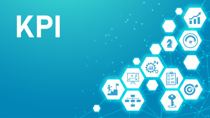 Banner KPI concept with icons. Key Performance Indicator using Business Intelligence metrics to measure achievement versus planned target. eps 10