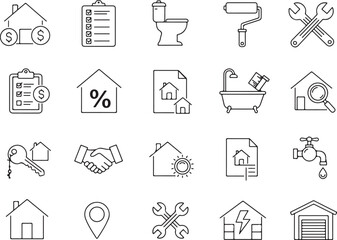 Real Estate and Property Management Icons Pack, Home Maintenance and Repair Vector Set, House, Key, Contract, Checklist, Faucet, Bathtub, Garage, Wrench, Magnifying Glass