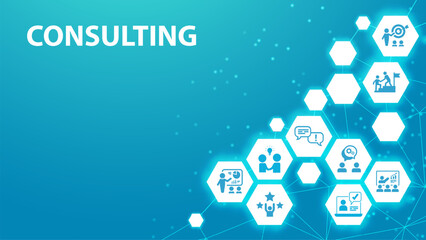 Consulting vector. Concept with icons related to advice and support, consultant and adviser, professional assistance for decision-making or negotiation or audit, analysis and consultation.