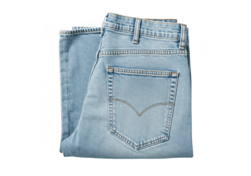 A pair of light blue denim jeans neatly folded showing the back pocket detail isolated on transparent background