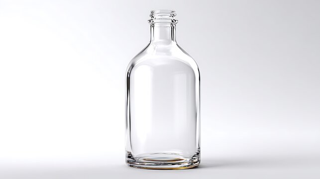Empty glass bottle stands on white. Represents clean, minimalist design, emptiness, potential. Useful for product mockups, design, web, editorial.