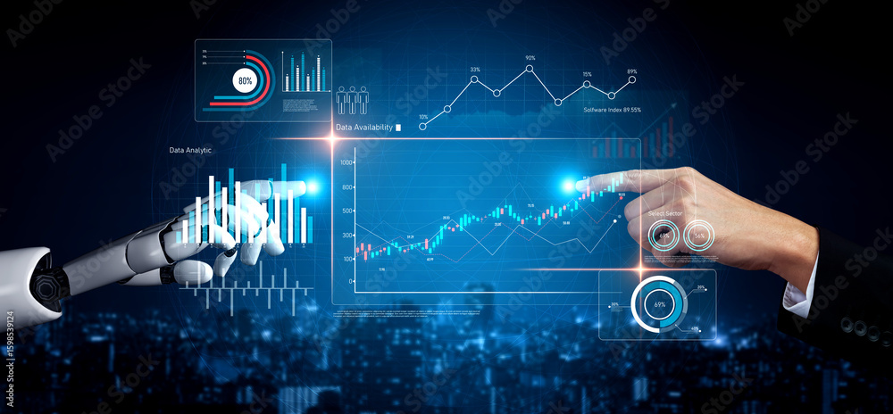 Poster ai analyzing data analytics dashboard, detecting financial patterns, visualizing metrics, and genera