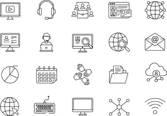 Digital Communication and Collaboration Icons Pack, Connectivity and Information Access Vector Set, Monitor, Headset, Laptop, Globe, Graph, Folder, Calendar, Keyboard, Wi-Fi