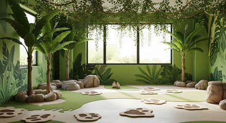 Jungle-themed play area with lush greenery, palm trees, and animal footprints.