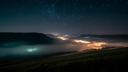 Fototapeta premium Starry night sky shines over foggy valley with illuminated town. Atmospheric. Ideal for travel, science, or nature-themed projects and web use.