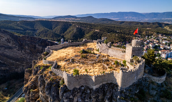 Boyabat Castle in Boyabat District. Sinop, Turkey. Aerial view of Boyabat Castle. Drone shot.