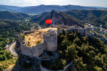 Boyabat Castle in Boyabat District. Sinop, Turkey. Aerial view of Boyabat Castle. Drone shot.