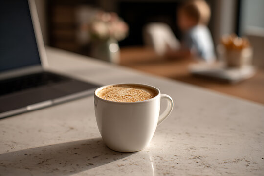 work from home balance, on the kitchen table, a laptop and coffee sit as a toddler plays nearby