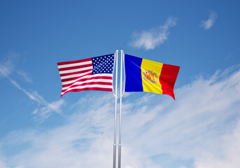 flags of  andora and United States of America over blue sky background.