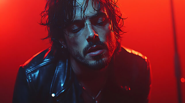 Brooding Musician in Red and Blue Light