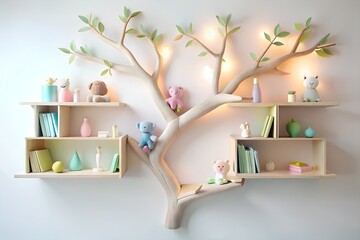 Playful Pastel-Colored Tree Branch Bookshelf with Floating Corner Shelf – Kids’ Books & Plush Toys, 8K Ultra-Detailed Dreamy Lighting on White