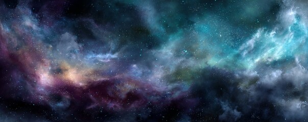 Fototapeta premium Cosmic Nebula Teal, Purple and Gold Hues, Space Background, Astronomy Space, Nebula