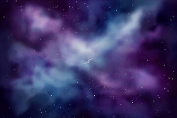 Fototapeta premium Ethereal cosmic nebula texture in deep purples and blues with scattered stars and dreamy galactic atmosphere