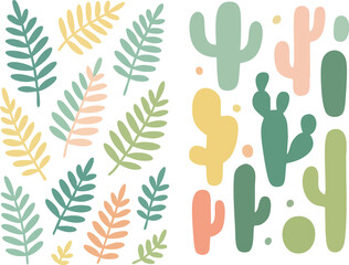 Obraz premium Colorful Botanical and Cactus Pattern with Pastel Hues Featuring Leaves and Various Cactus Shapes.