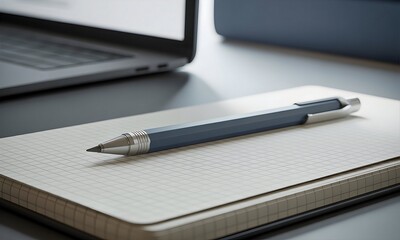 Pencil on Notebook with Laptop in Background Minimalist Workspace