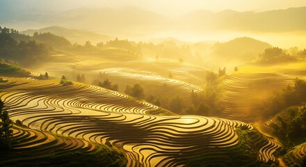 Golden sunrise light illuminates the magnificent terraced rice fields of Sapa, Vietnam, in a misty valley.