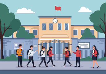 Flat vector illustration of diverse students with backpacks walking to or from a school building, depicting school life, academic journey, and education. Ideal for academic themes and youth concepts.