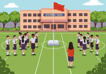School children in uniform stand at attention during a flag ceremony in front of a school building.