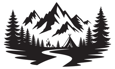 Obraz premium Black silhouette of mountain landscape with campfire and tent black and white nature