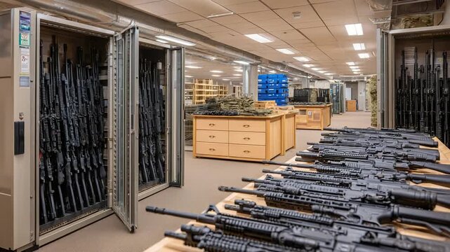 Explore 15Armory's secure weapons depot featuring locked cabinets with pistols, submachine guns, and tactical gear like flashlights and scopes.