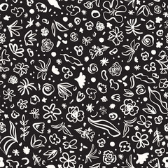 Cute, monochrome, hand drawn botanical elements seamless repeat pattern. Random placed, vector flowers, leaves, herbs, grass, dots all over surface print in black and white.
