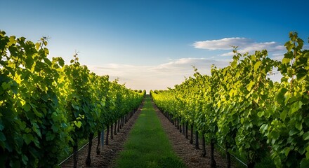 Naklejka premium Rows of grape vines stretch into the distance under a bright blue sky in a vineyard.
