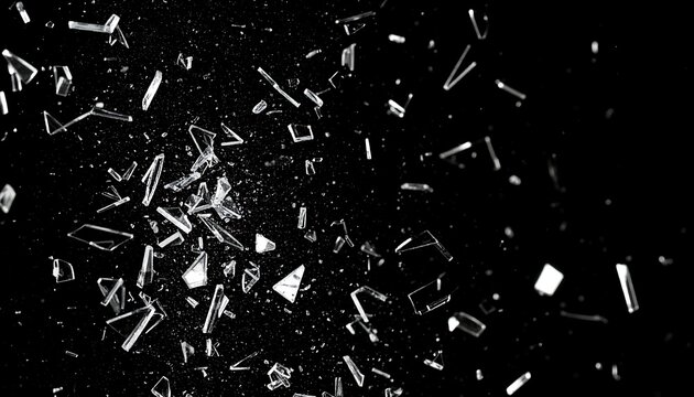 Shattered glass fragments against black background