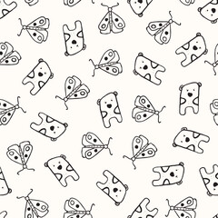 Monochrome, hand drawn butterflies and bears seamless repeat pattern. Random placed, doodled cartoon drawing, vector aop all over surface print in white and black.